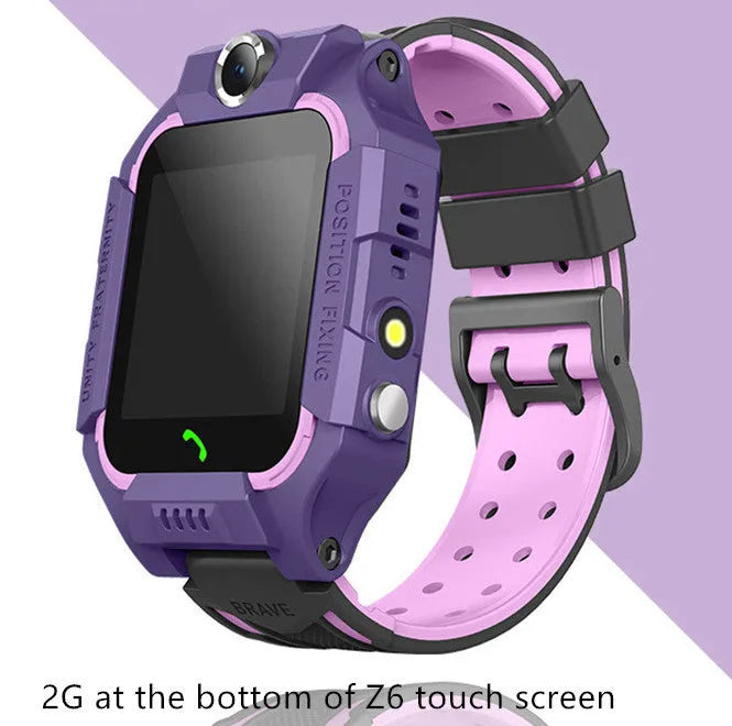 Z6 children smart watch with silicone strap, 128 x 128 touchscreen, and colour options in blue, pink, purple, and red