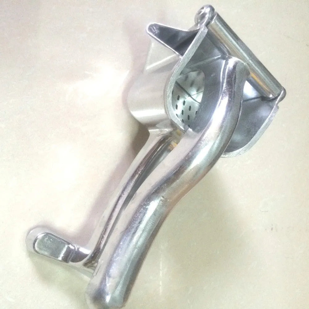 Silver heavy duty aluminium and steel lemon squeezer with large bowl and long handle.