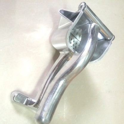 Silver heavy duty aluminium and steel lemon squeezer with large bowl and long handle.