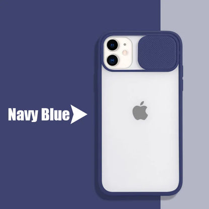 Slim silicone iPhone case with a frosted frame around the camera lens, shown in a choice of solid colours.