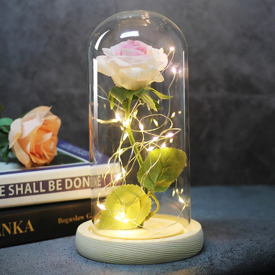 Enchanted Forever Rose in Glass LED Light Christmas Decoration with wooden base