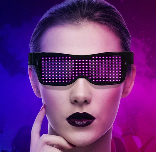 Bluetooth-enabled LED party glasses with dynamic, flashing light effects in multiple vibrant colors