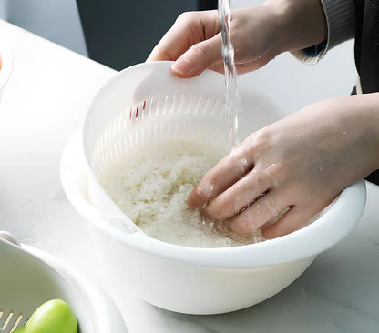Double-dish sink drain basket with 30cm upper tier and 25cm lower tier in apricot colour