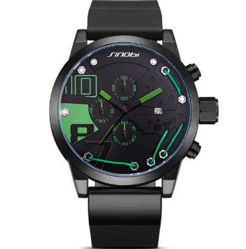 Men's quartz chronograph watch with 50mm stainless steel case, 25mm silicone band, and blue, green, or red colour option