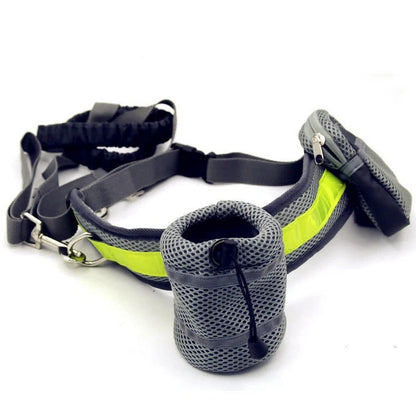 Adjustable hands-free dog leash set in gray, black, green, or red with waist and sundries bags