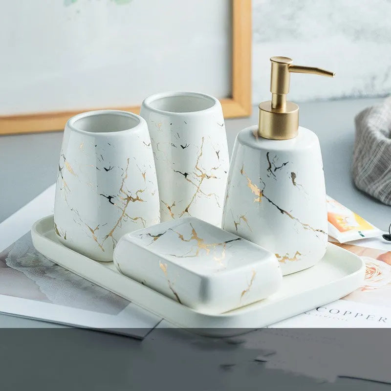 Ceramic bathroom wash set in porcelain with decal decoration, available in black, blue or white colours