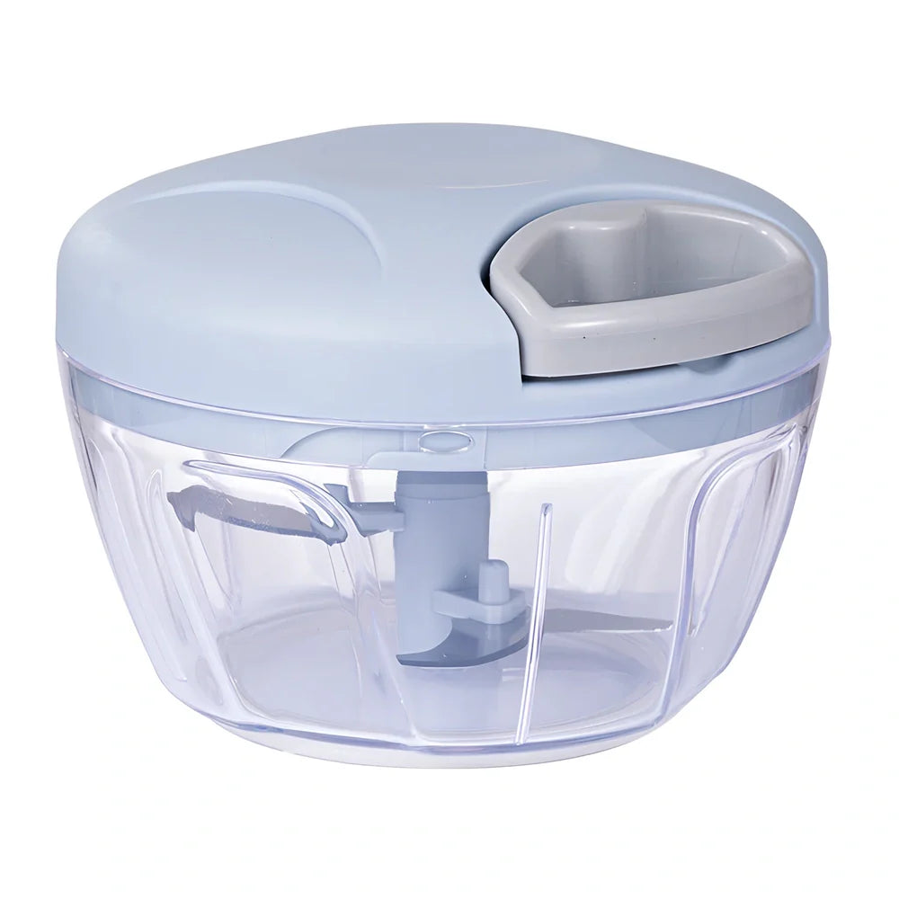 Manual garlic masher in blue, green, and pink colours showing small and large size options