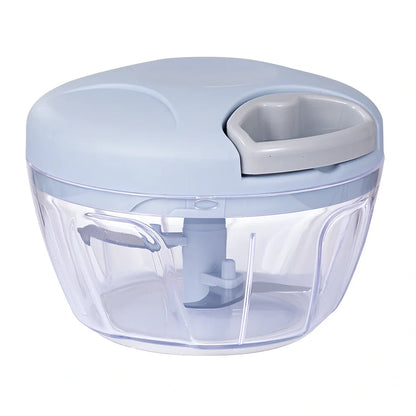 Manual garlic masher in blue, green, and pink colours showing small and large size options