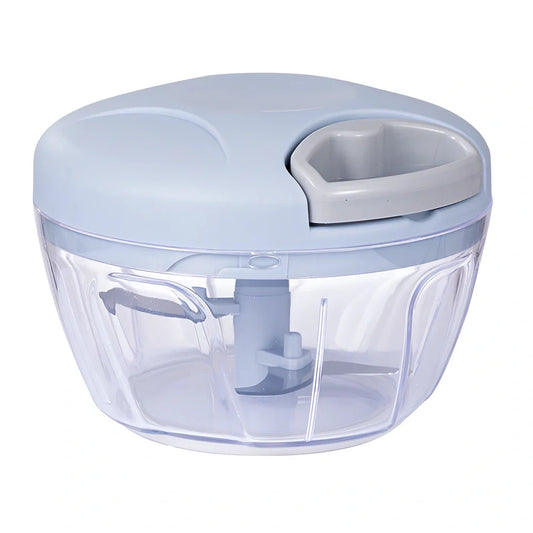 Manual garlic masher in blue, green, and pink colours showing small and large size options
