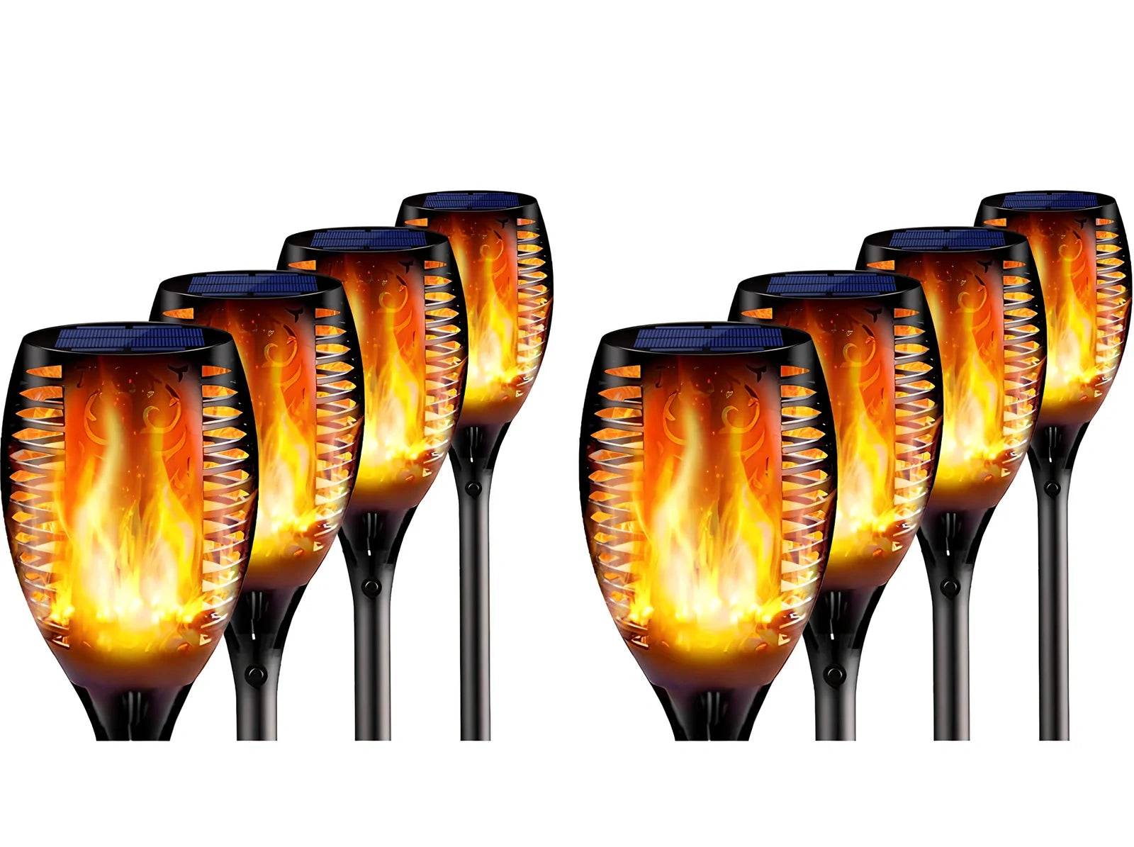 Solar garden LED light with flame flickering effect on stainless steel stake in outdoor setting