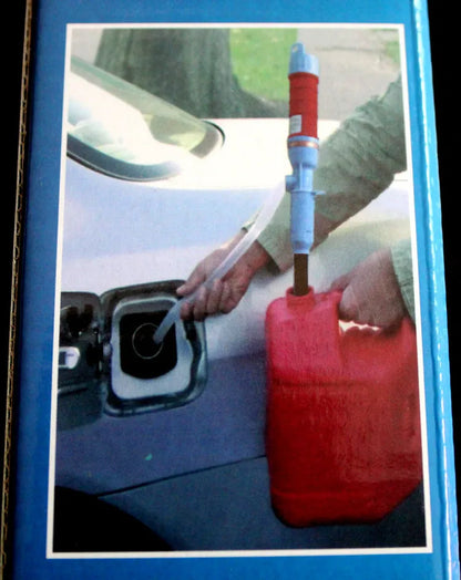 Blue and red manual siphon hand pump for fuel and oil transfer.