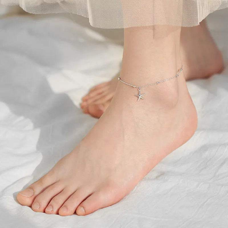 S925 sterling silver anklet with starfish charm and adjustable 16-20cm length