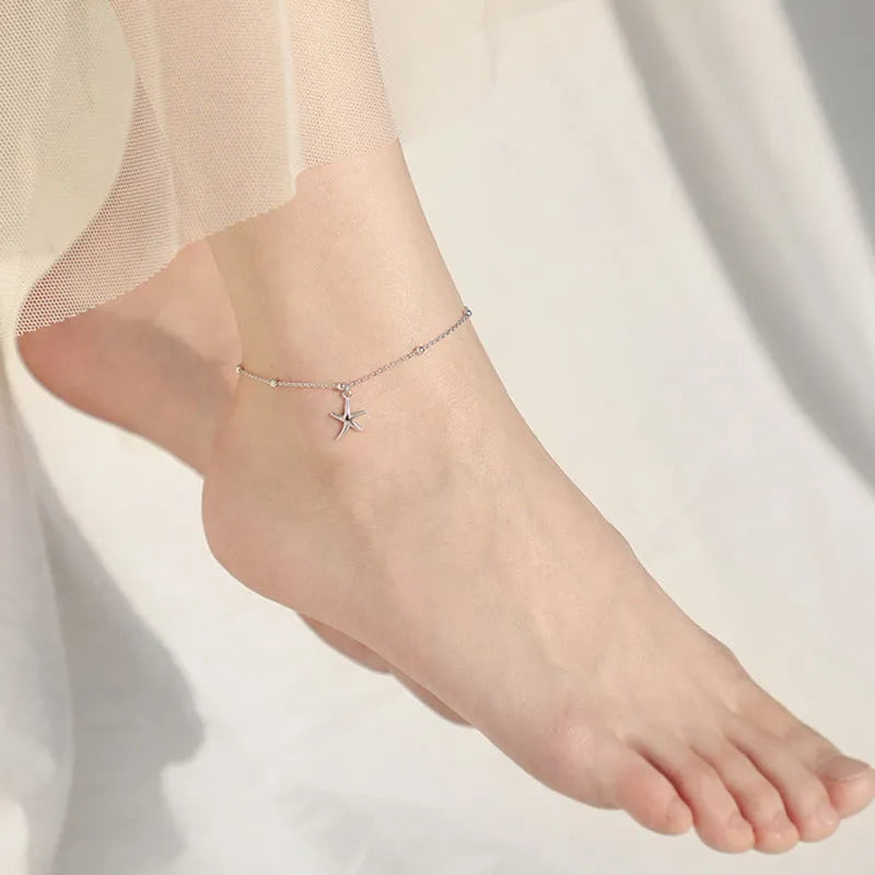 S925 sterling silver anklet with starfish charm and adjustable 16-20cm length