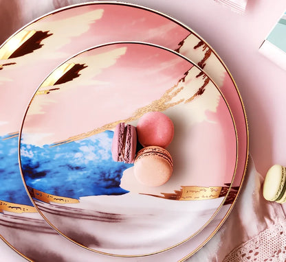 Watercolor dessert plates set in pink with 26.5 cm diameter, 45% bone china, real gold edges on handmade porcelain
