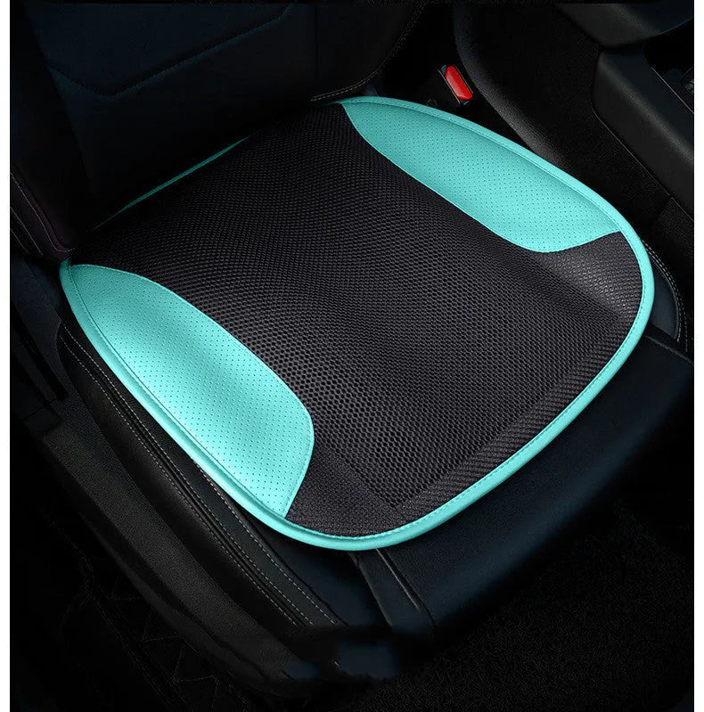 USB ventilated car seat cushion in black suede with leather trim, showing integrated cooling fans and power cable