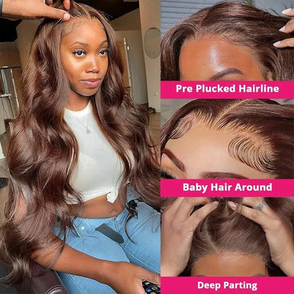 Wavy brown lace front human hair wig, hand-woven, 4x4 13x4 13x6 lace, 8-40 inch lengths, natural style.