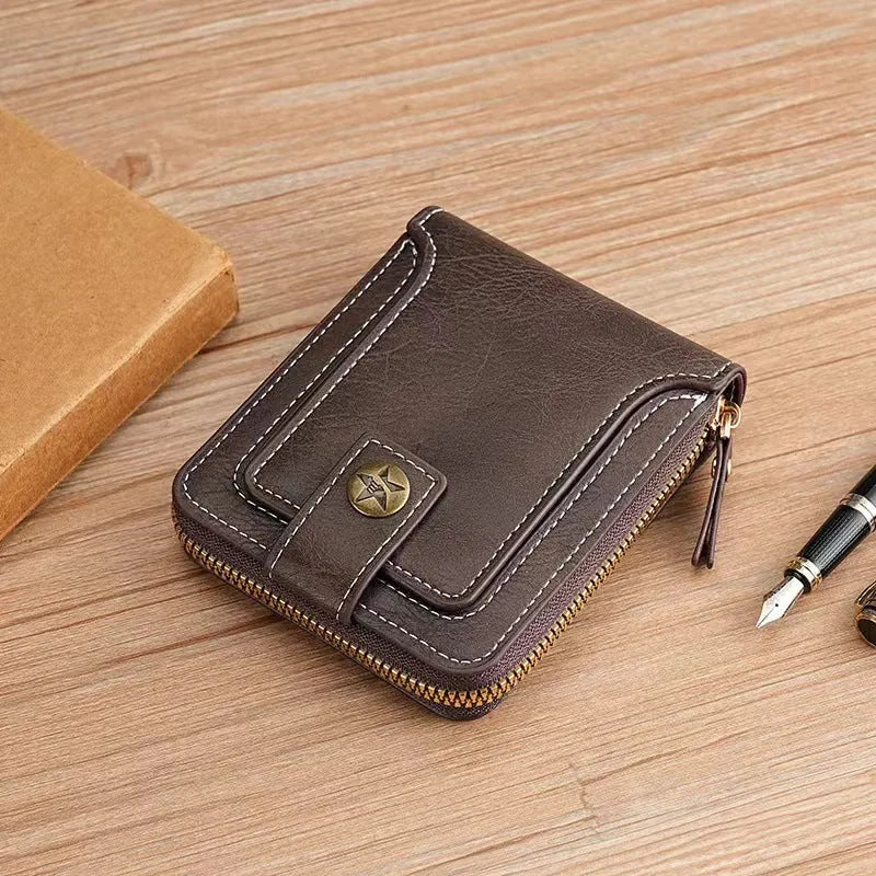 Men's short style 2-fold wallet in PU leather showing black, brown and light brown colour options