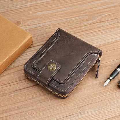 Men's short style 2-fold wallet in PU leather showing black, brown and light brown colour options
