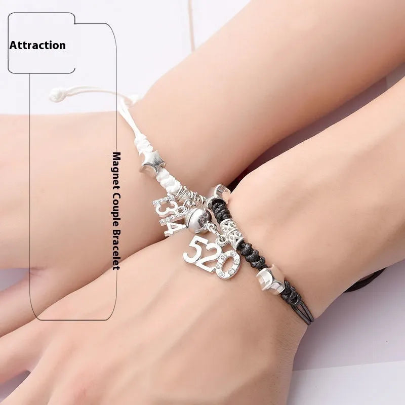 Magnetic suction couple bracelet pair in alloy with an electroplated finish, showing example designs like a crown and love lock.