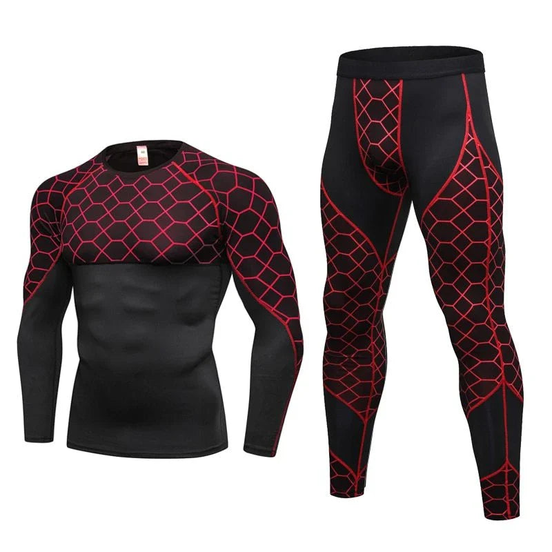 Men's compression athletic wear set with grid pattern, including long-sleeve top and fitted pants in various colors