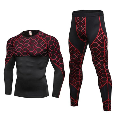 Men's compression athletic wear set with grid pattern, including long-sleeve top and fitted pants in various colors
