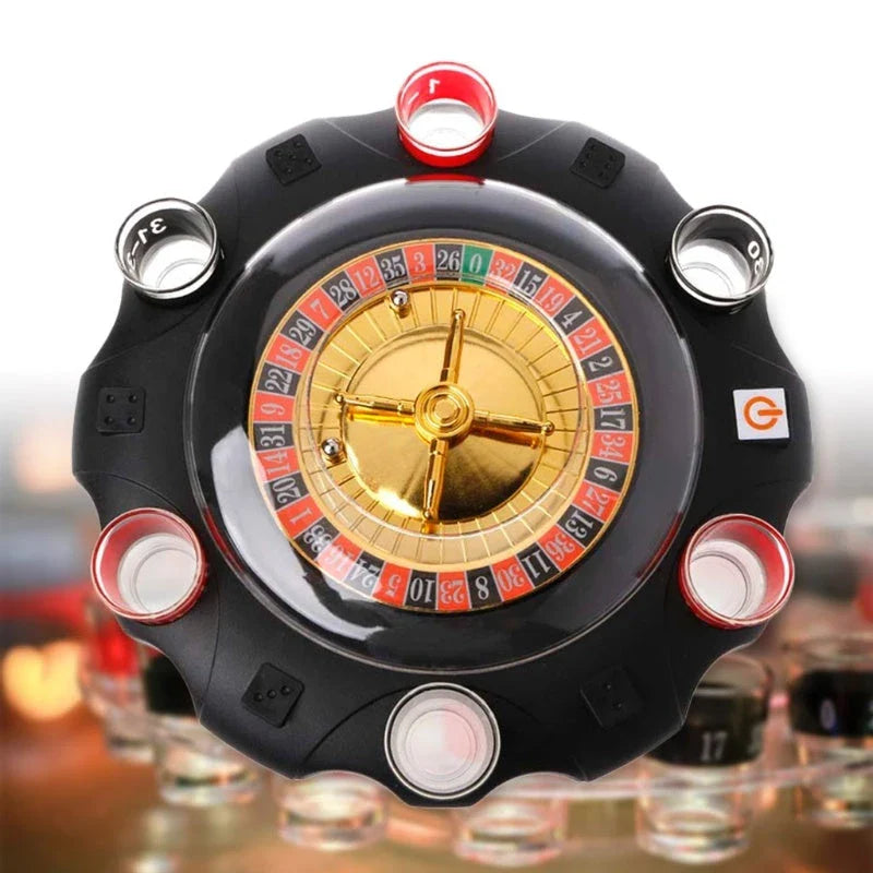 Electric casino-style roulette drinking game set with spinning wheel, shot glasses, and steel balls