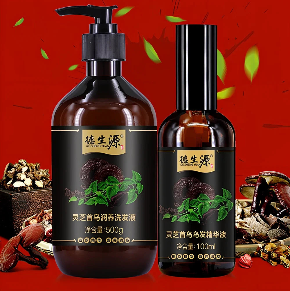 Black Polygonum shampoo bottle with herbal extracts for hair moisturisation and nutrition in 100ml or 200ml sizes