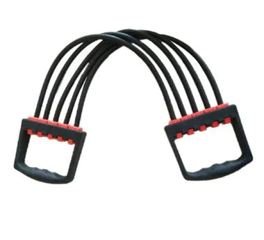 Rubber Rally chest dilator arm muscle trainer with spring resistance, shown in black, blue, green, red, and yellow.