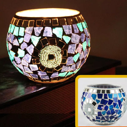 Mosaic glass candle holder in vibrant colors with elegant mosaic pattern
