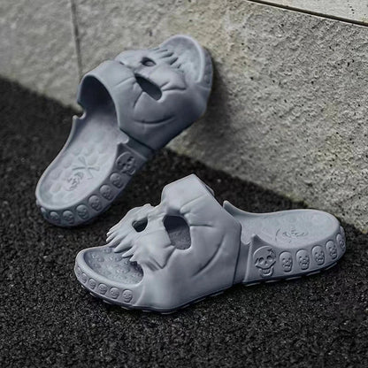Spooky skull-printed slide sandals in various colors and sizes