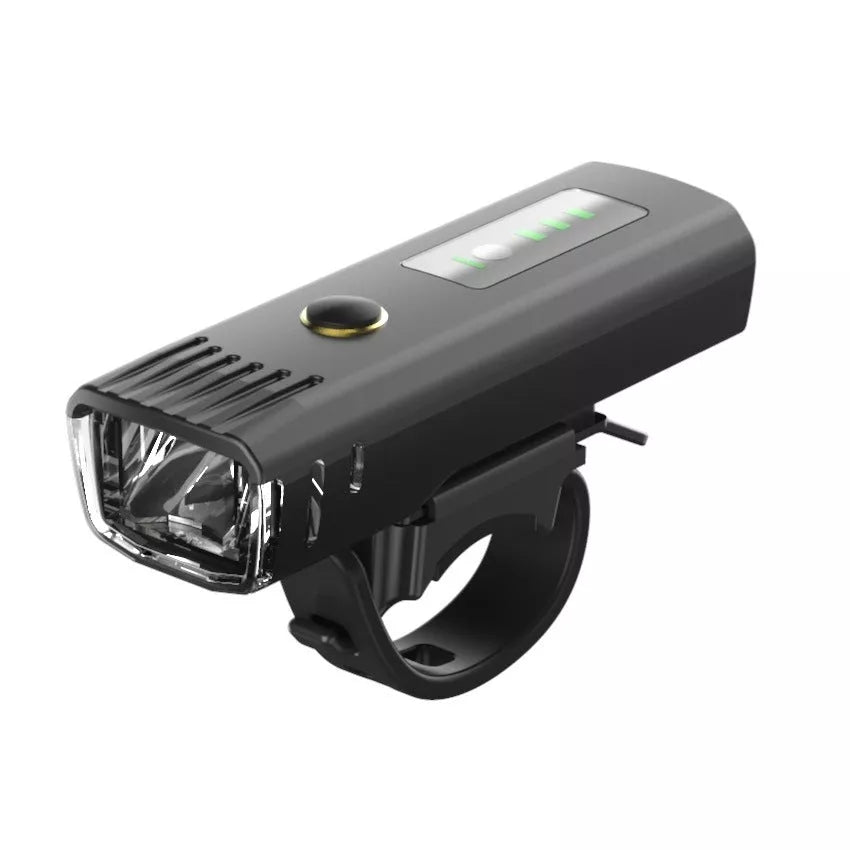 Black LED night bike light with USB charging port, 1500 mAh battery