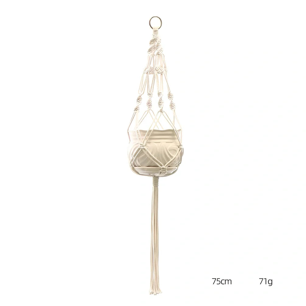 Hand-knitted cotton flowerpot net bag showing mesh pattern and hanging installation