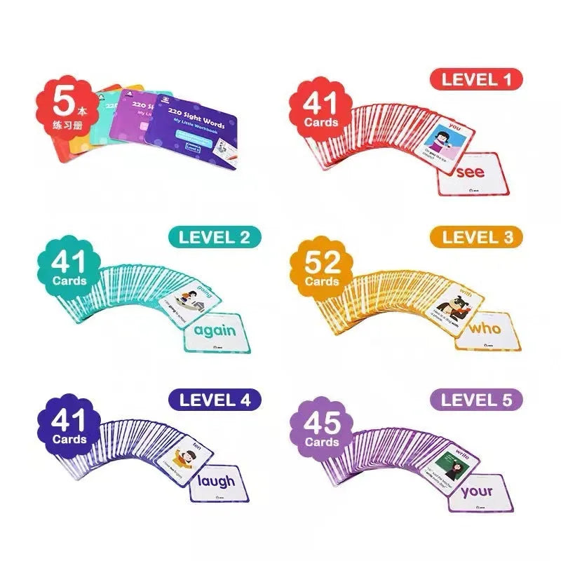220 high frequency word gift box set with coated paper cards and 5 interactive workbooks for early childhood education