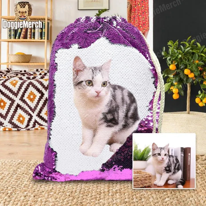 Custom purple sequins backpack with a dog's photo and drawstring closure
