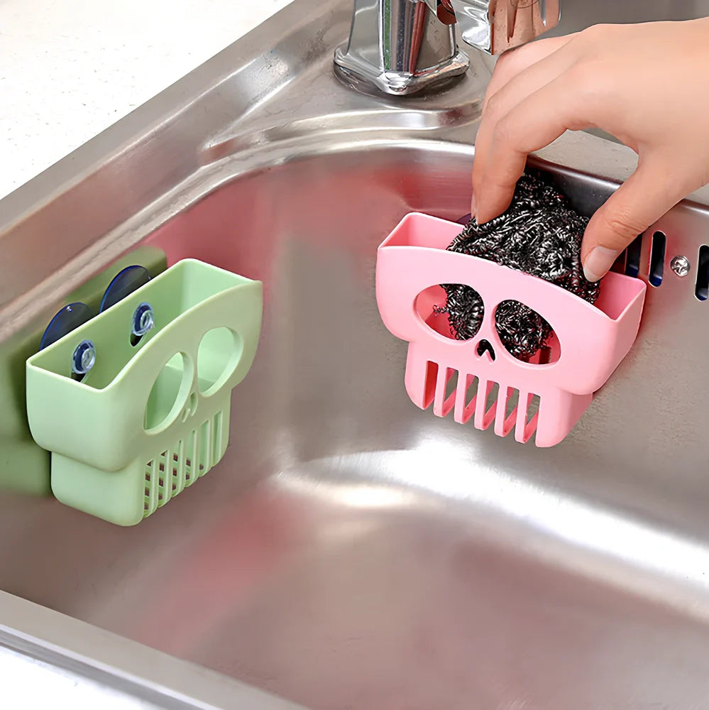 Halloween plastic drain rack in gray holding sponge, dish cloth and soap, 25cm long with punch holes for drainage