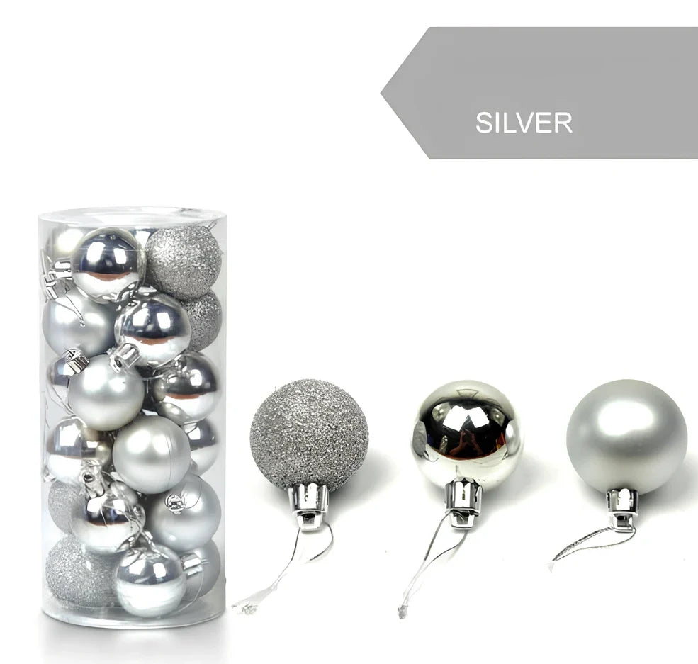 Christmas ball decorations in blue, green, purple, red, rose red, and silver colours showing 4cm, 6cm, and 8cm size comparison