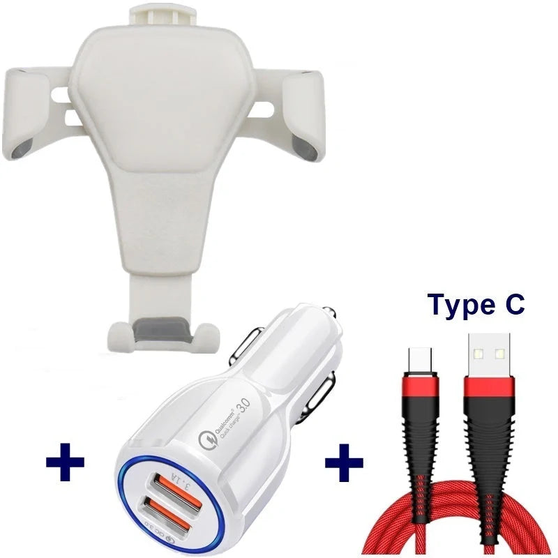 Leather grain gravity mobile phone car holder in black and white, compatible with most smartphones