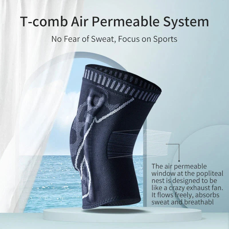 Durable knee pads with knitted silicone construction, V-shaped design, and 360-degree non-slip strips for all-around sports protection