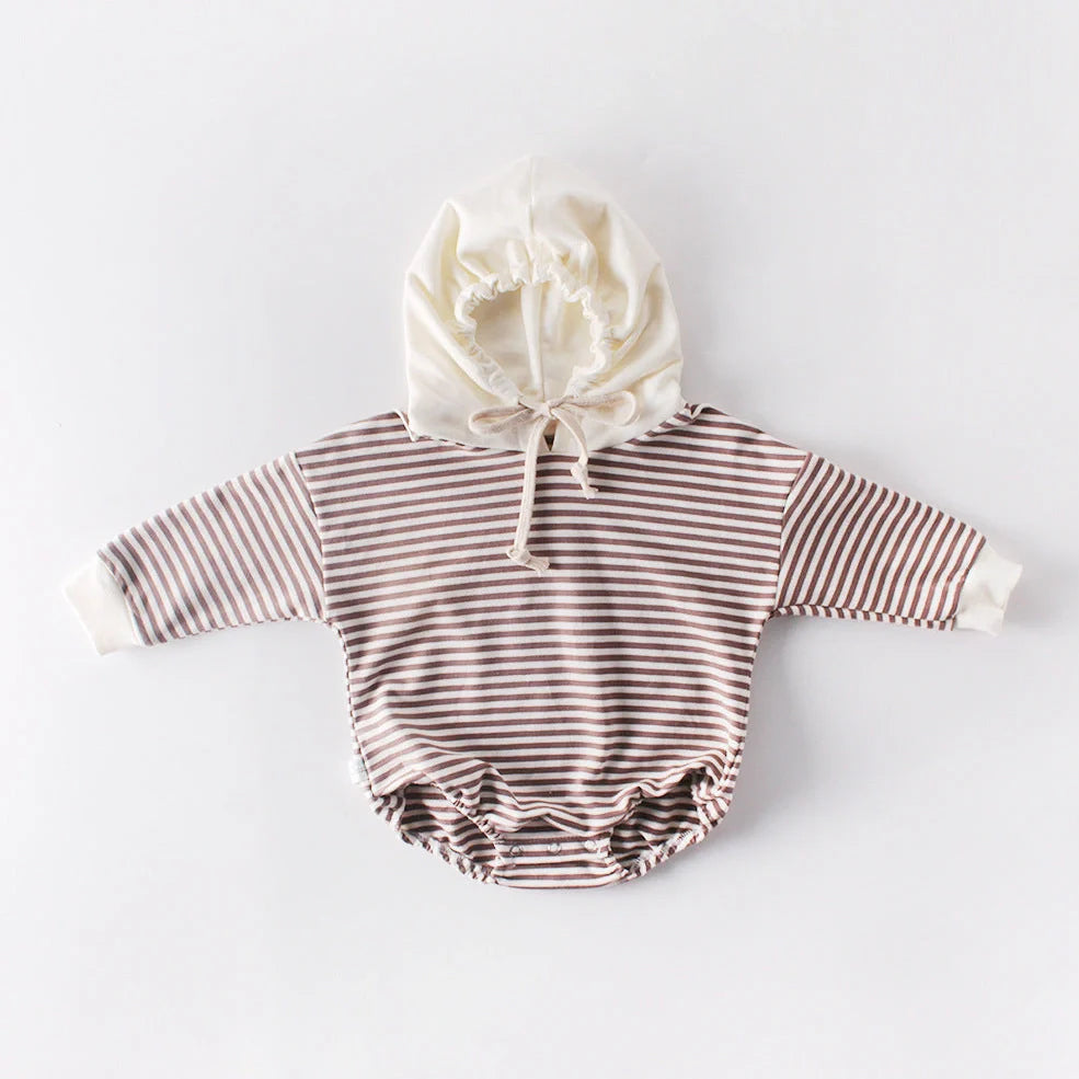 Striped baby climbing suit with hood and triangle design for crawling