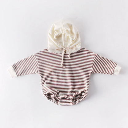 Striped baby climbing suit with hood and triangle design for crawling