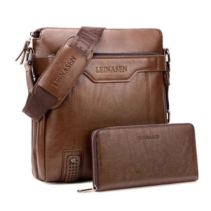 Men's soft messenger shoulder bag with zip closure and polyester lining in black, brown, or khaki