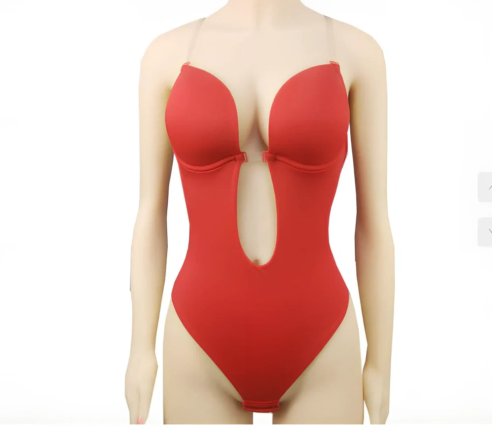 Black spandex body shaping dress with deep V back design and stomach compression