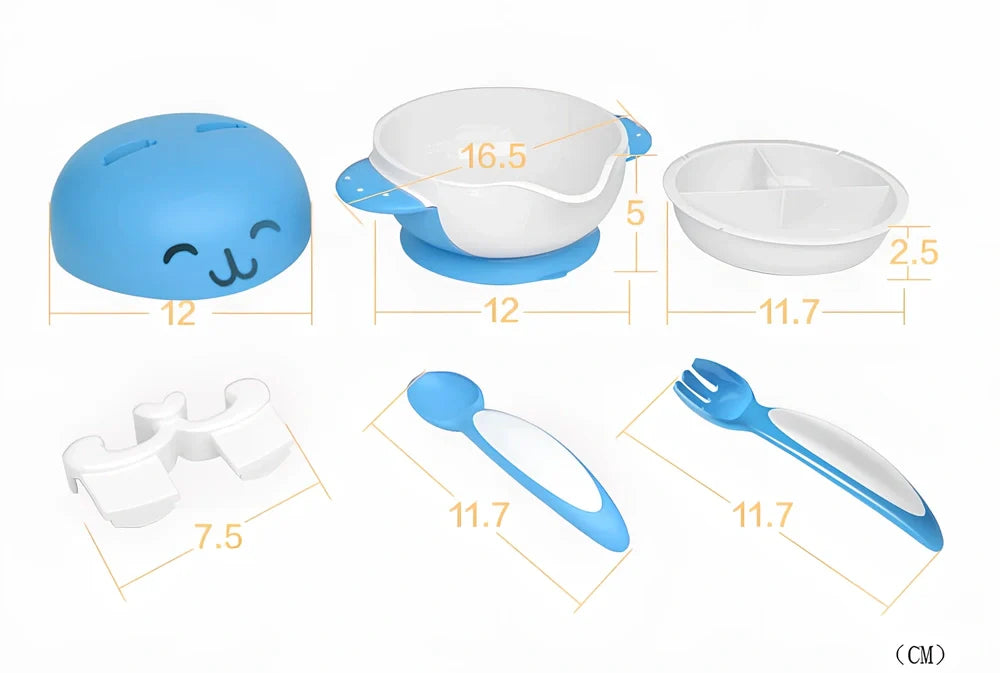 Six-piece baby tableware set with antibacterial polymer material in blue and red colours