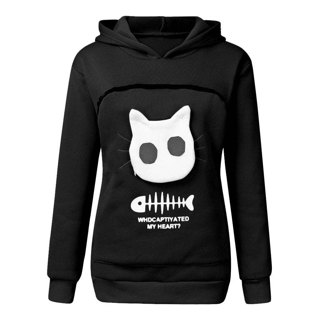 A cozy and stylish women's hooded sweatshirt with a unique cat-themed pocket design, available in a variety of vibrant colors.