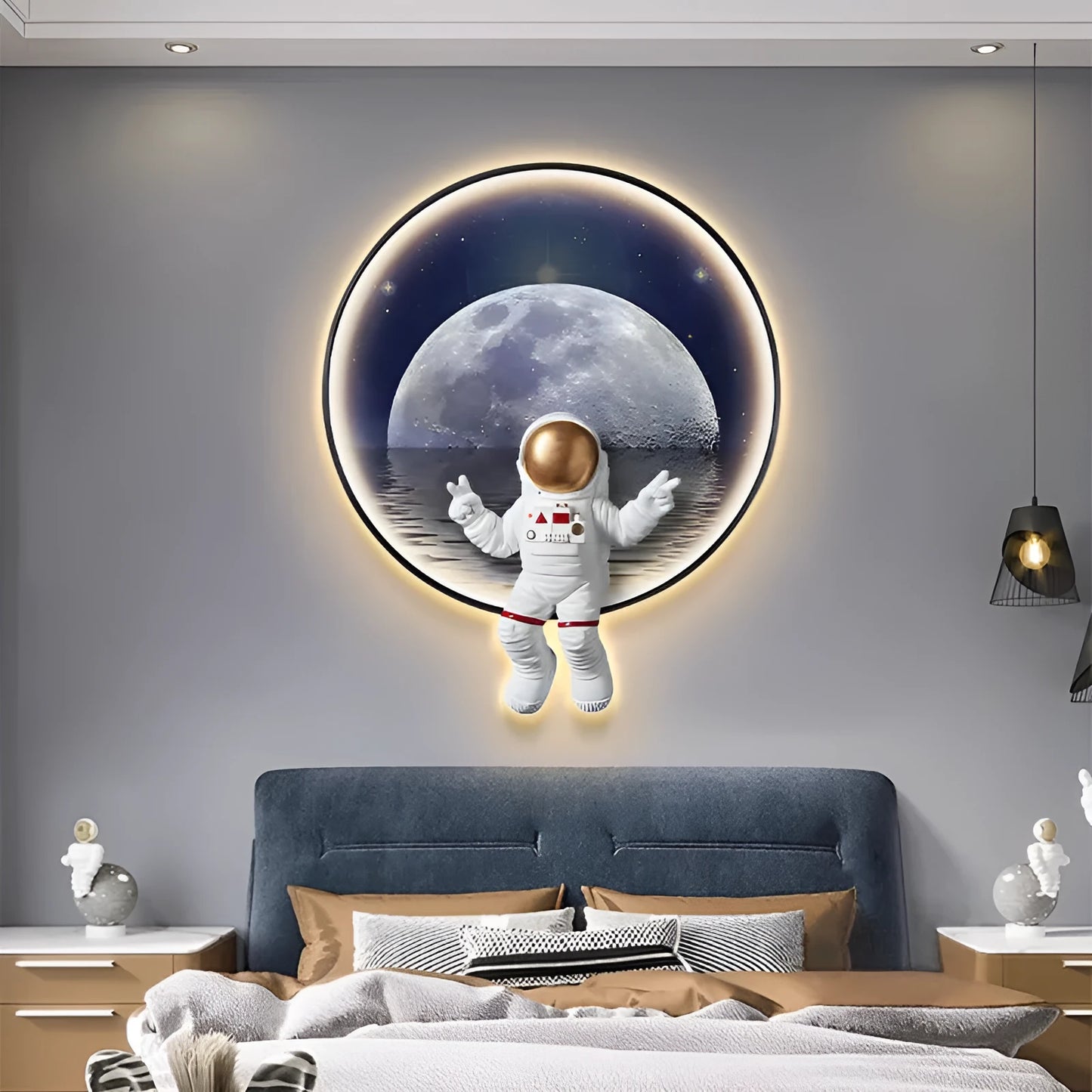 Spaceman astronaut themed canvas wall painting with optional LED lights for a child's bedroom