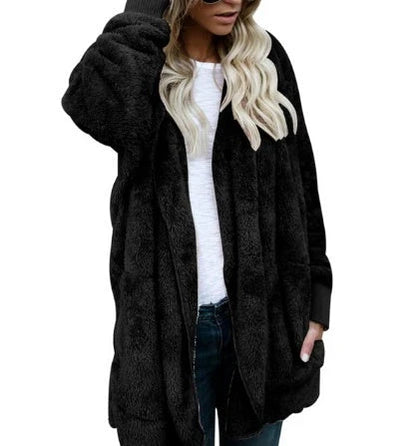 A cozy, plush women's jacket in a variety of colors with a relaxed, oversized fit for easy layering
