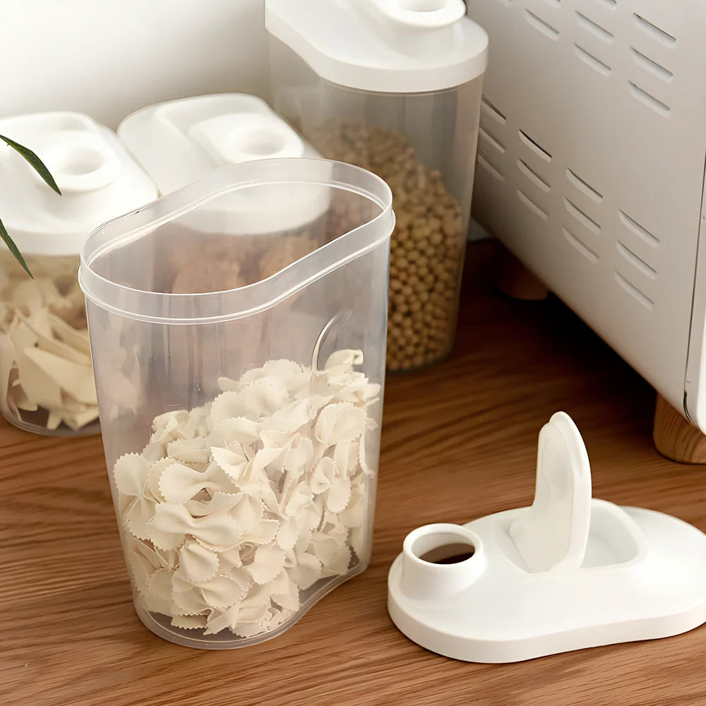 Clear plastic kitchen storage containers with airtight lids for beans and grains