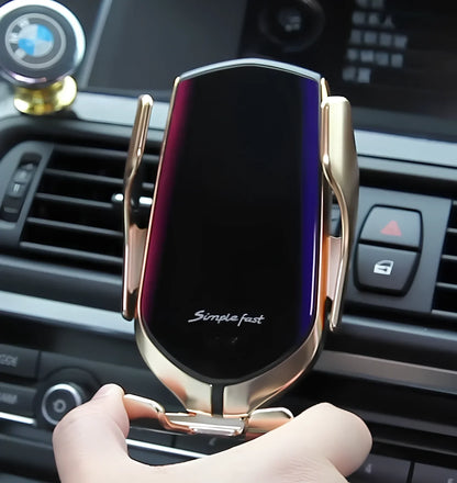 Black car wireless charger phone holder with suction cup mount and 360-degree rotation on a dashboard