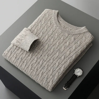 Men's twist round neck wool pullover sweater in white and gray, loose fit, long sleeves, sizes S to 3XL