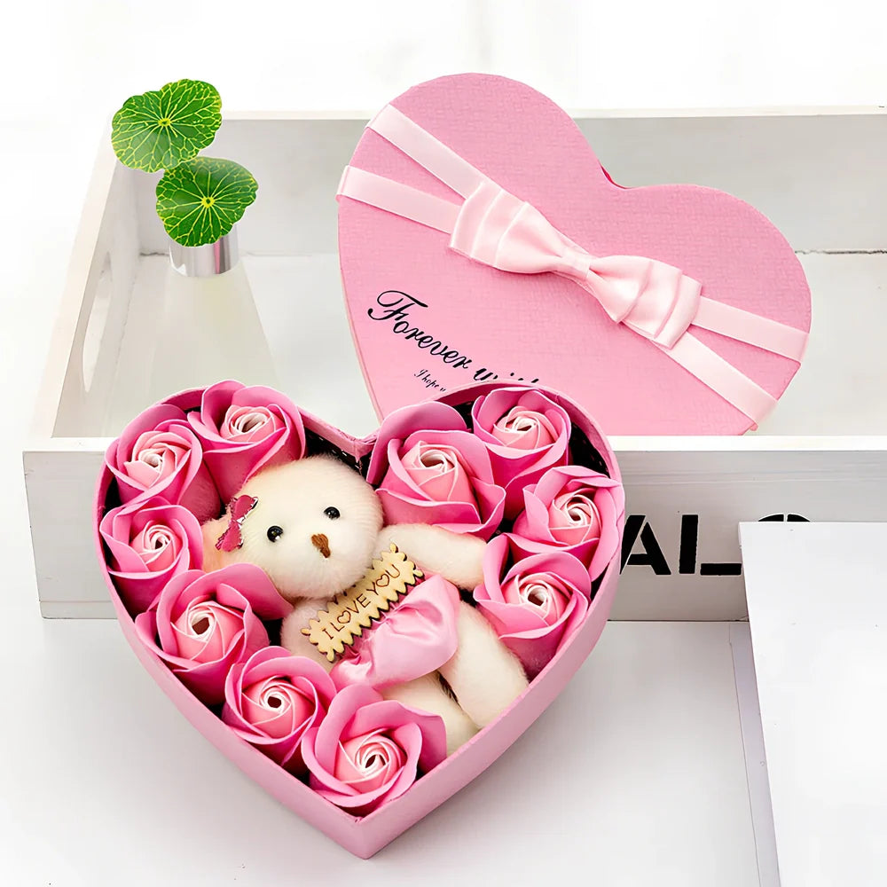 Handmade pink soap flower rose bouquet with bear in 25cm gift box, 10cm roses for lasting gifts